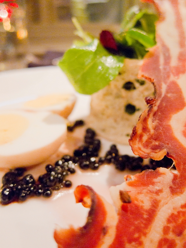 Valentines001.jpg - 'Baby' Salad Leaves Petite salad mix, fig balsamic 'caviar' vinaigrette, pickled organic egg, bacon jerky, white bread crostini Paired with Trimbach Gewurtztraminer, 2008 Grand Cru Alsace