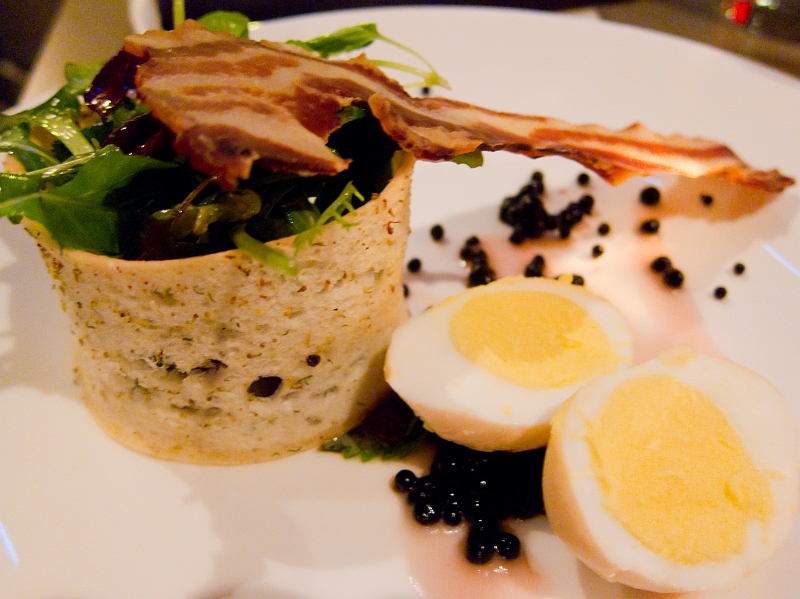 Valentines002.jpg - 'Baby' Salad Leaves Petite salad mix, fig balsamic 'caviar' vinaigrette, pickled organic egg, bacon jerky, white bread crostini Paired with Trimbach Gewurtztraminer, 2008 Grand Cru Alsace