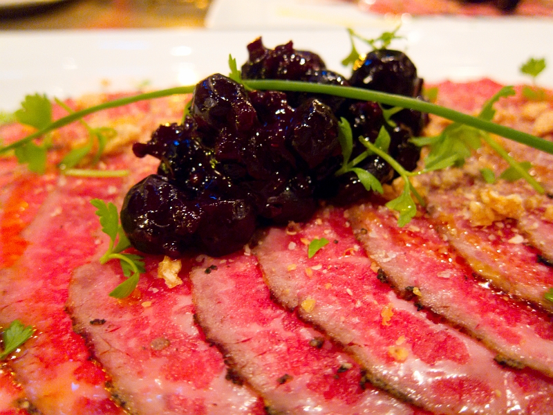 Valentines003.jpg - Snake River Kobe Beer Carpaccio Sesame snap crumble, coriander salt, peppered chocolate, nectarine wood smoked blueberry chutney Paired with Henry Lagarde, Single Vineyard Malbec, 2009 DOC Mendoza