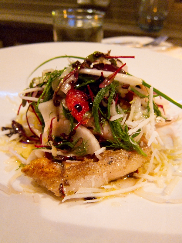 Valentines007.jpg - Fujian Red Snapper Filet Hibiscus & vanilla butter poached, blood orange, fennel & coco nib salsa, smoked coconut Paired with Pioneer 'Red Roan' Mouvedre/Syrah, 2010 Contra Costa County