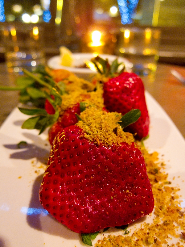 Valentines009.jpg - Strawberries, praline & chocolate Long stem strawberries, pistachio praline, hazelnut chcolate ganache Paired with Messias 1982 Coheita Port