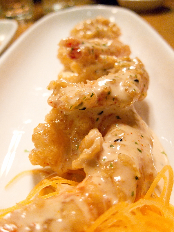 Zen005.jpg - Super Kara Rock Shrimp Jumbo prawns, lightly battered, tempura fried and coated in a slightly tart and spicy vinaigrette