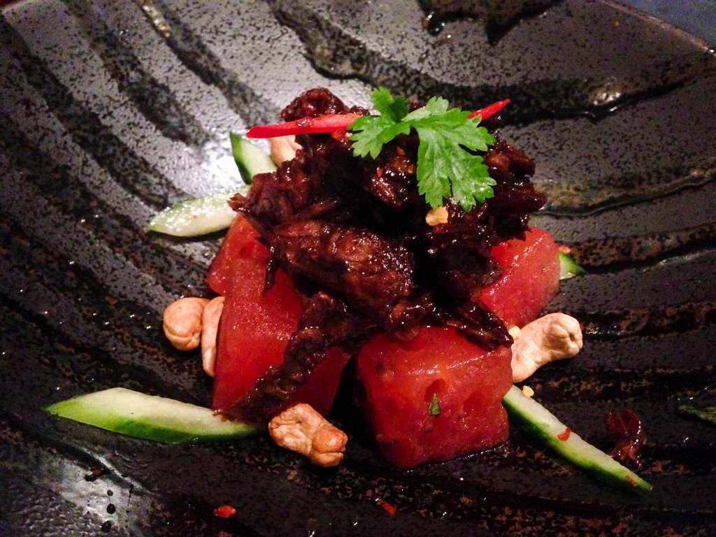 Marseille066.jpg - Spicy Duck and Watermelon Salad crispy duck, watermelon, cashew nuts, mint, basil, sweet fish sauce