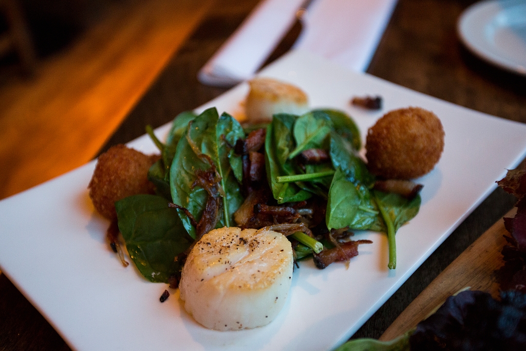 Anniversary049.jpg - Seared King Scallops, Caramelized Shallots, Double Smoked Bacon & Spinach Salad, Arancicni Croutons